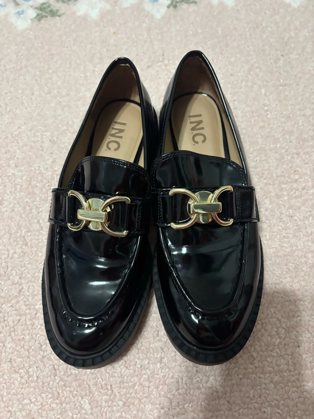 I.N.C Black Patent Leather Loafer with Gold Chain Accent - Women